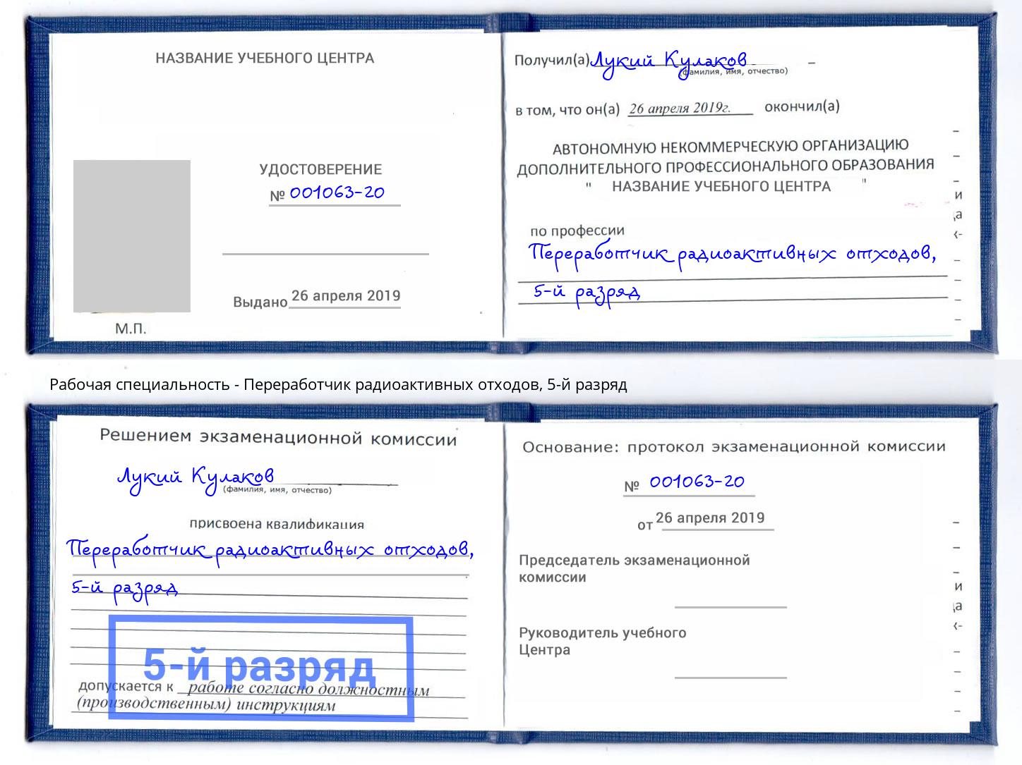 корочка 5-й разряд Переработчик радиоактивных отходов Евпатория