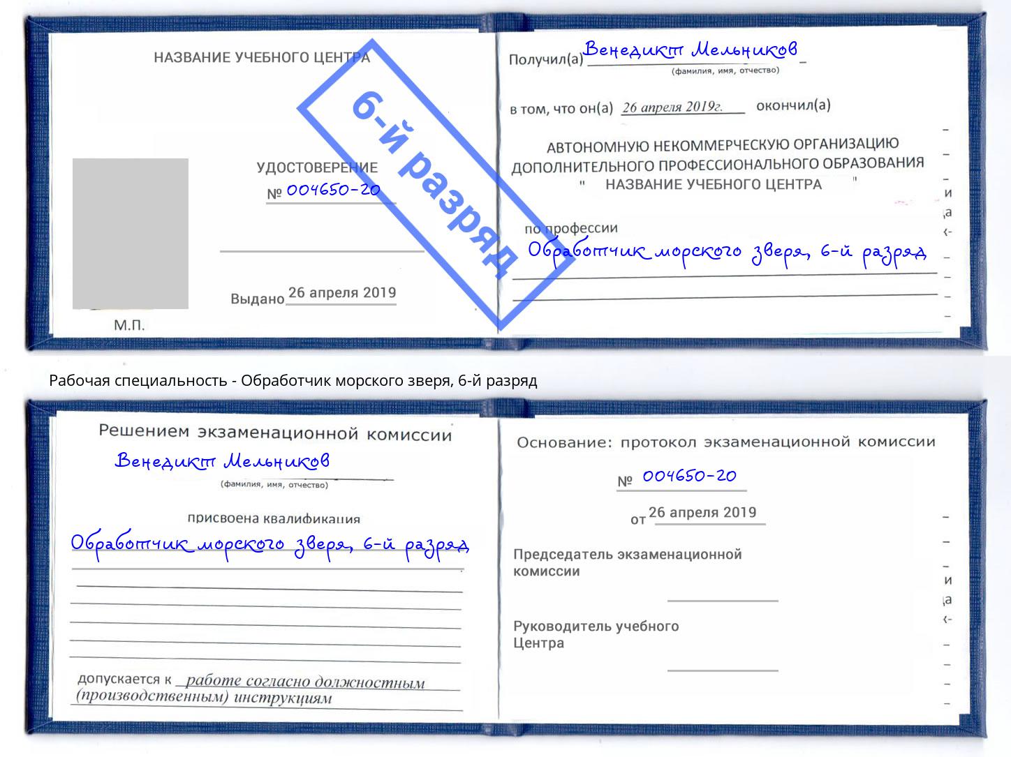корочка 6-й разряд Обработчик морского зверя Евпатория
