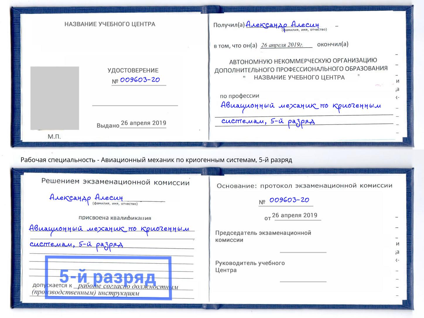 корочка 5-й разряд Авиационный механик по криогенным системам Евпатория