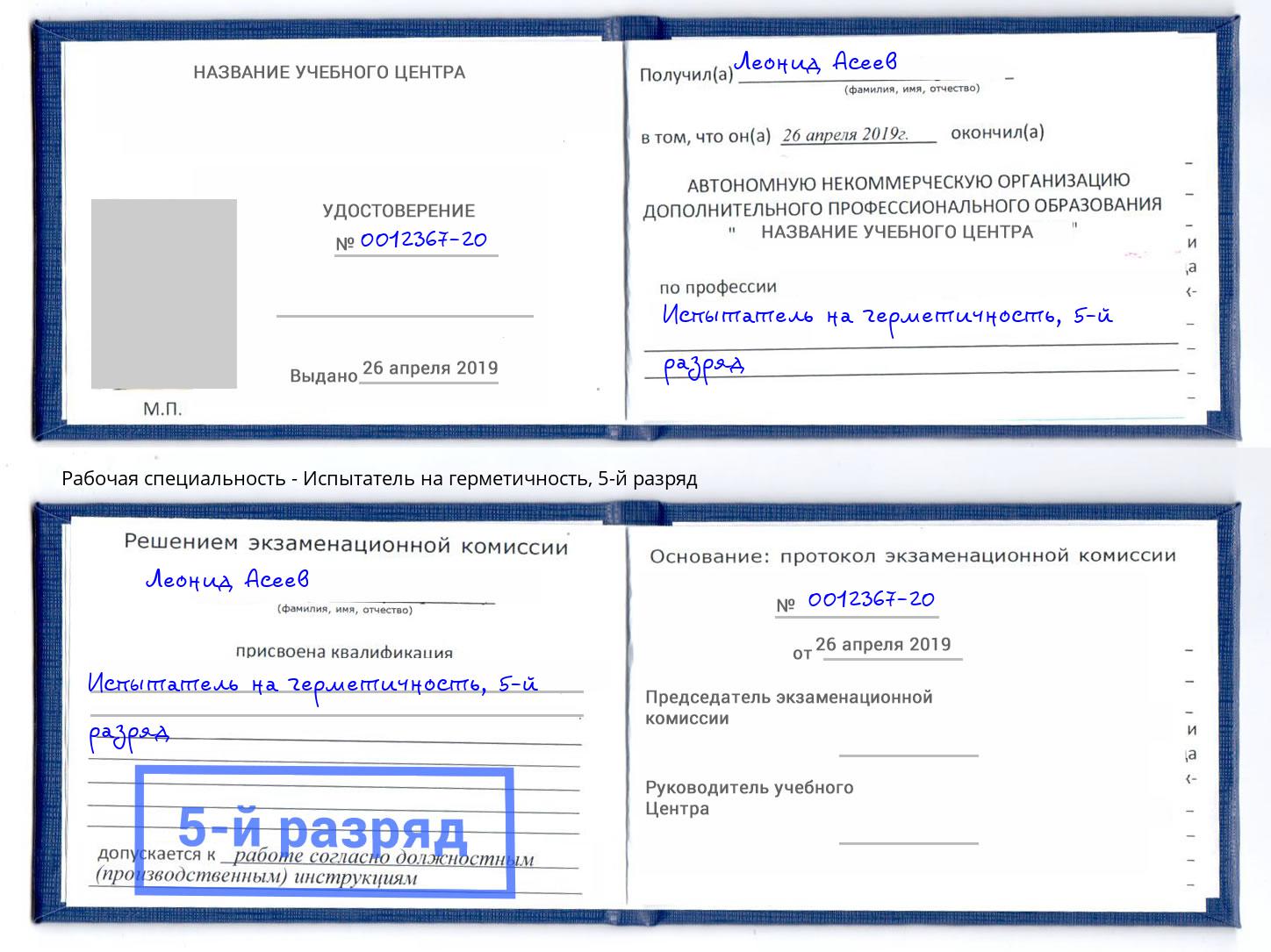 корочка 5-й разряд Испытатель на герметичность Евпатория